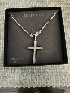 Rocks Silver-Tone Cross Pendant Necklace with Crystal Accents